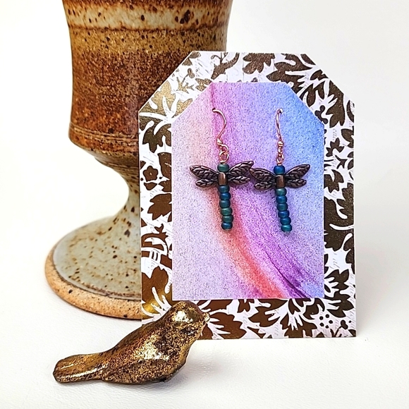 Copper & Iridescent Matte Green-Blue Dragonfly Dangle Earrings, Handmade - Picture 5 of 6